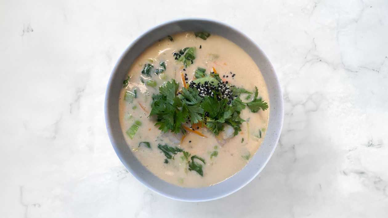 Tom Kha Soup with Salmon, Giant Prawns, and Vegetables
