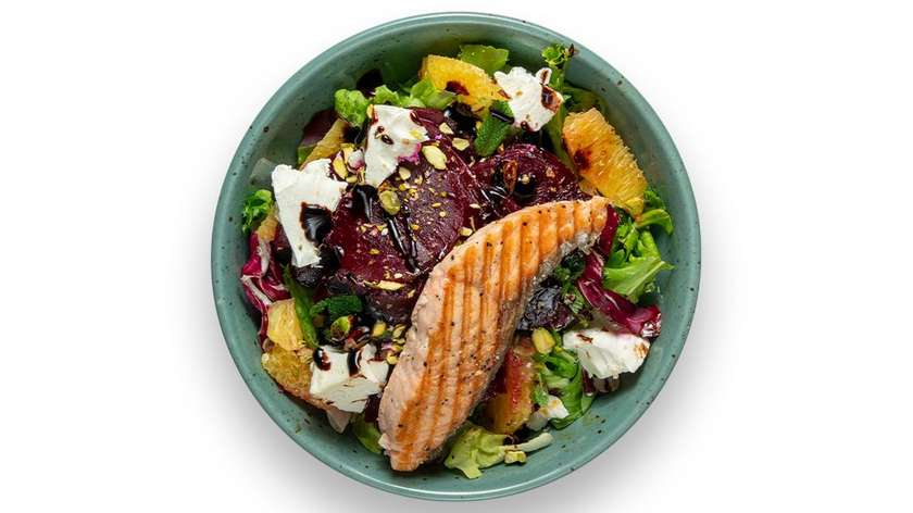Beetroot salad with feta, salmon