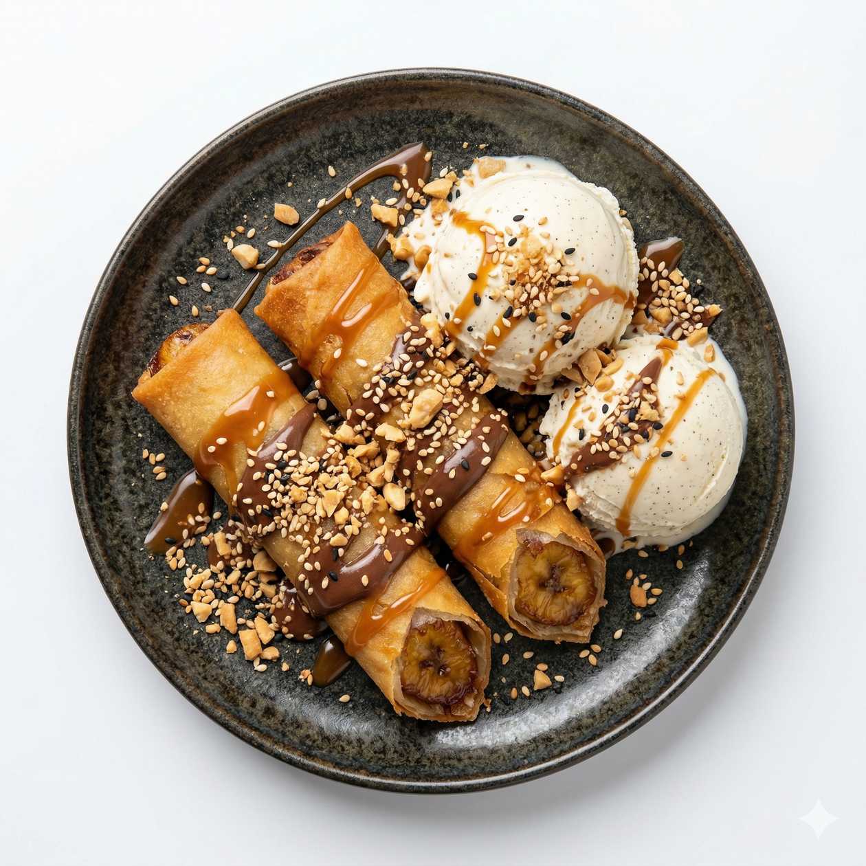 Banana Lumpia with Vanilla Ice Cream and Peanuts and Sesame Seeds