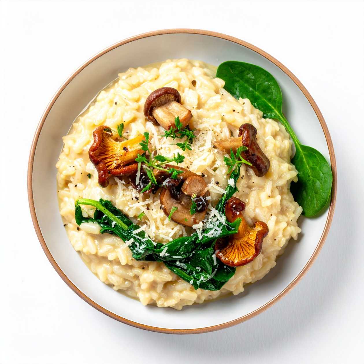 Krémové risotto s liškami, baby špenát, dýňová semínka, parmesan