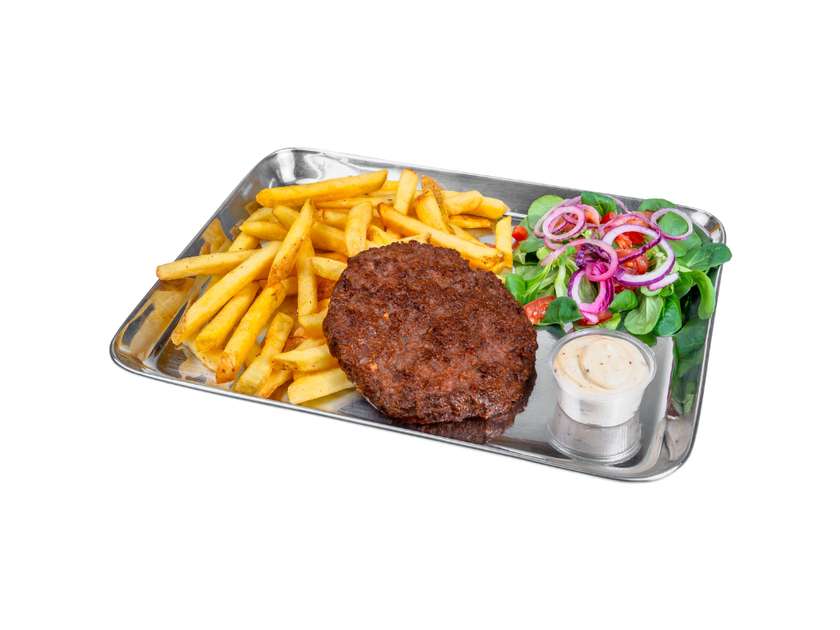 Hovězí s hranolky + salátek a dip