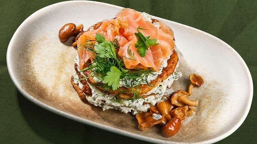 Potato pancakes with salmon and curd cheese