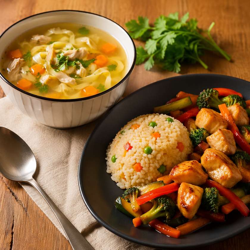 Homemade Chicken Noodle Soup - Chicken with Asian Rice and Stir-Fried Vegetables.