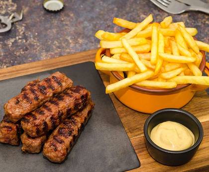 Vegetable Cream Soup - Grilled Sausages with French Fries and Mustard