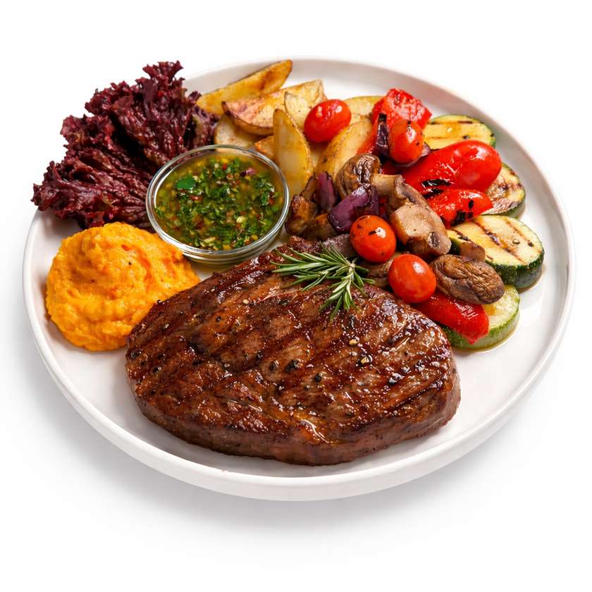 Grilled Ribeye Steak with Roasted Vegetables & Chimichurri
