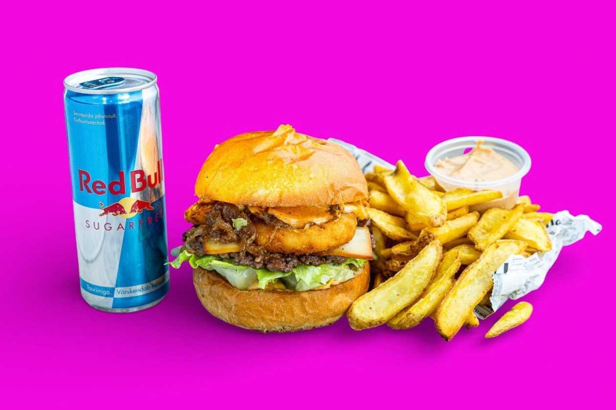 Onion Ring Burger Combo with Red Bull
