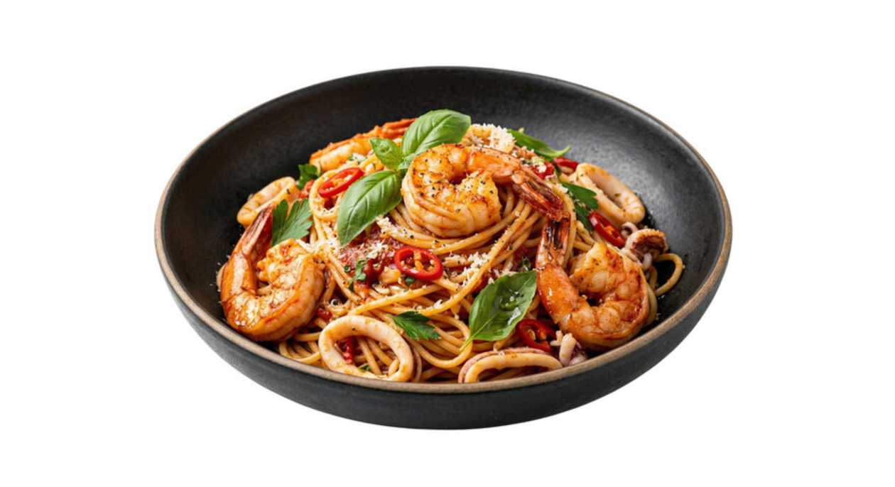 Spaghetti a.o.p. with shrimps