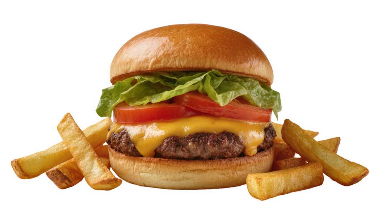 Beef burger with fries with garlic and greens