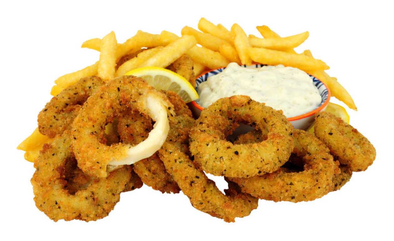 Breaded Baby Squid with French Fries and Caesar Sauce