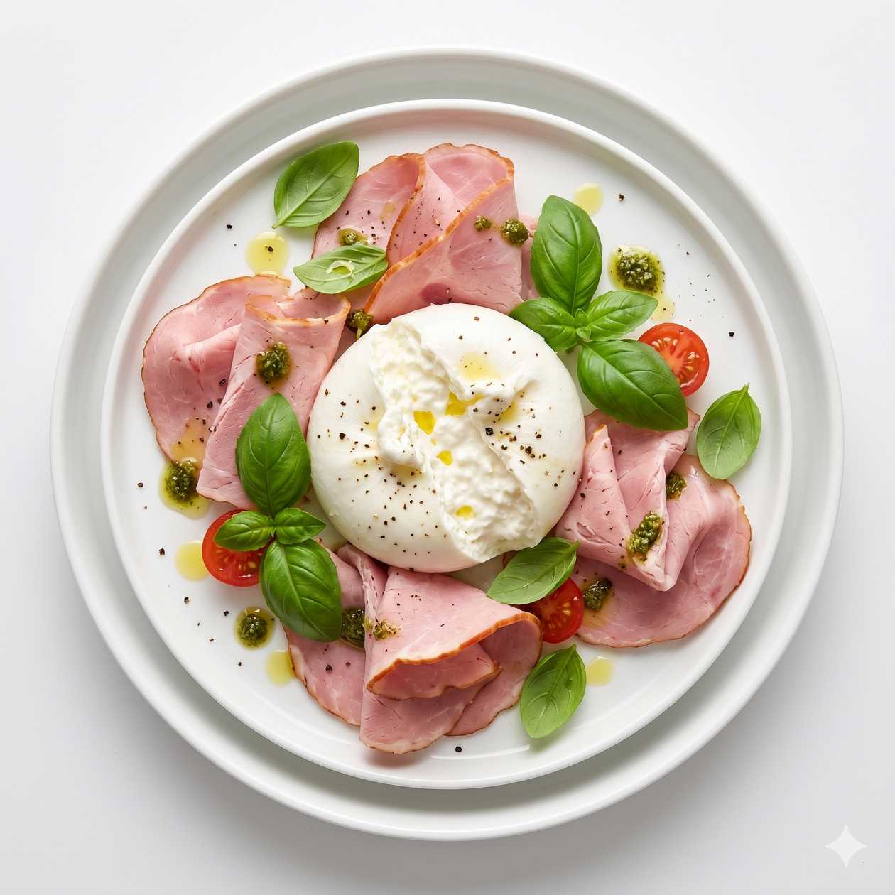 BURRATA AL PROSCIUTTO E BASILICO