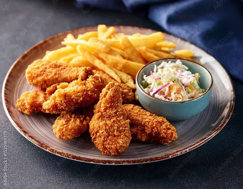 Crispy chicken strips coated in cornflakes, served on salad, fries, dip