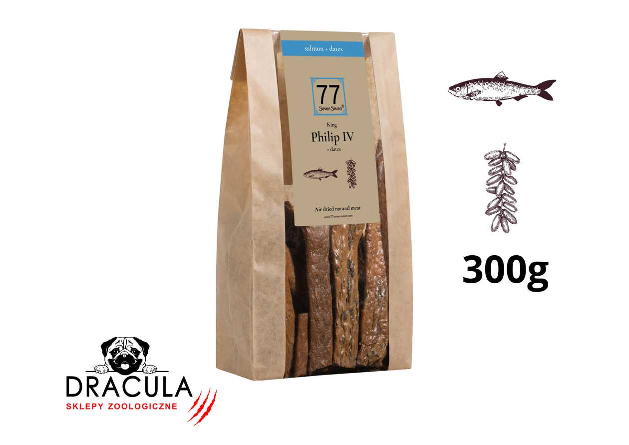 Philip IV+ Stripes z suszonego łososia z daktylami 300g