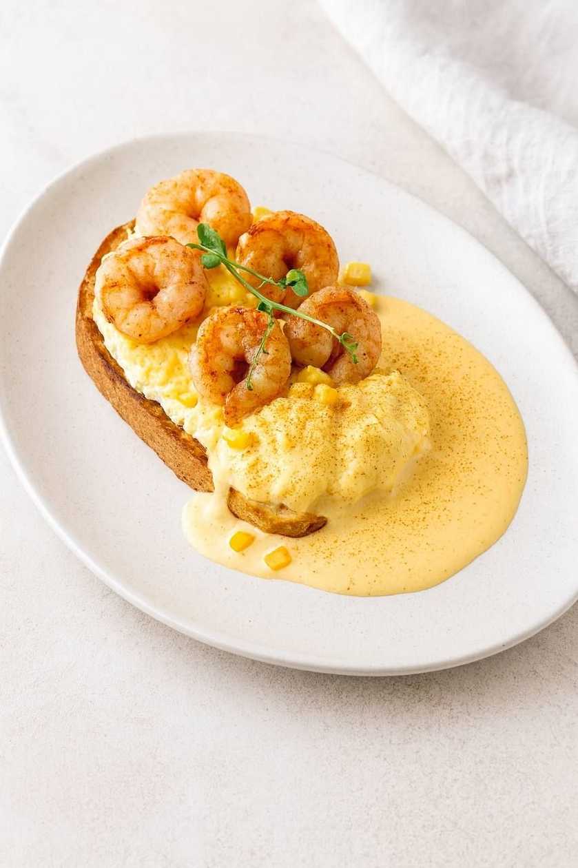 Scrambled Eggs with Shrimp in Cheese Sauce