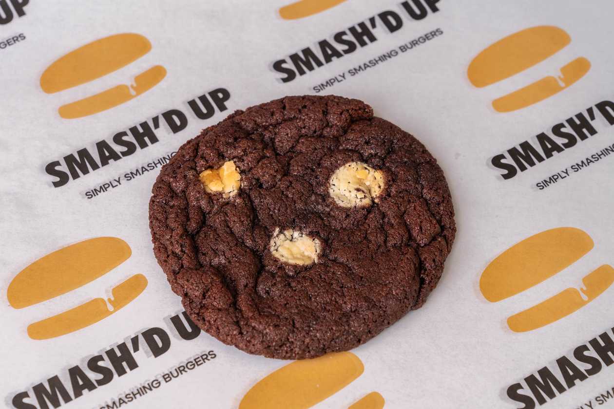 Chocolate cookie with white chocolate chips.
