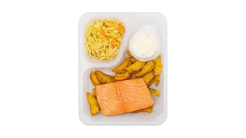 Salmon with roasted potatoes, coleslaw, and olive dip