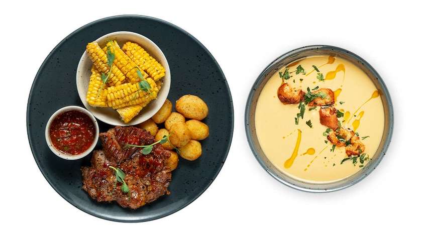 Creamy chicken soup + Pork neck steak