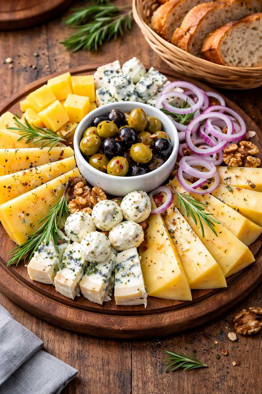 Cheese platter with olives and onions, bread