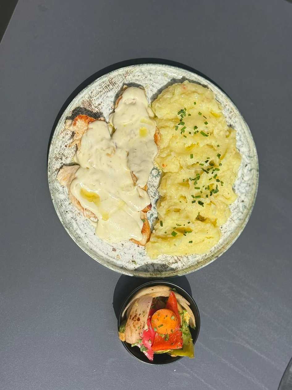 Parmesan Chicken with Creamy Mash & Market Veggies