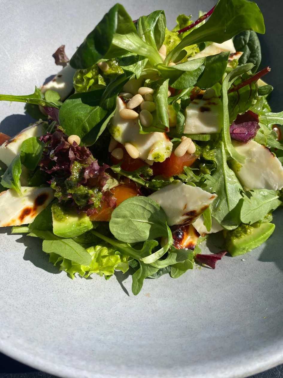 Local grill cheese “Lapzemes”with green salad, vegetables, avocado and wine-grape nectar