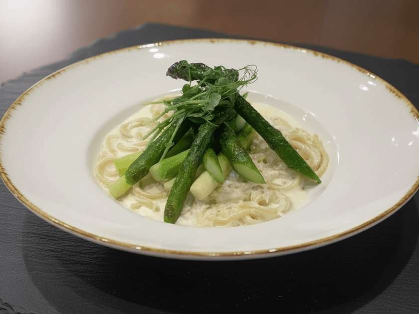 Spaghetti with Artisan Cheeses and Asparagus