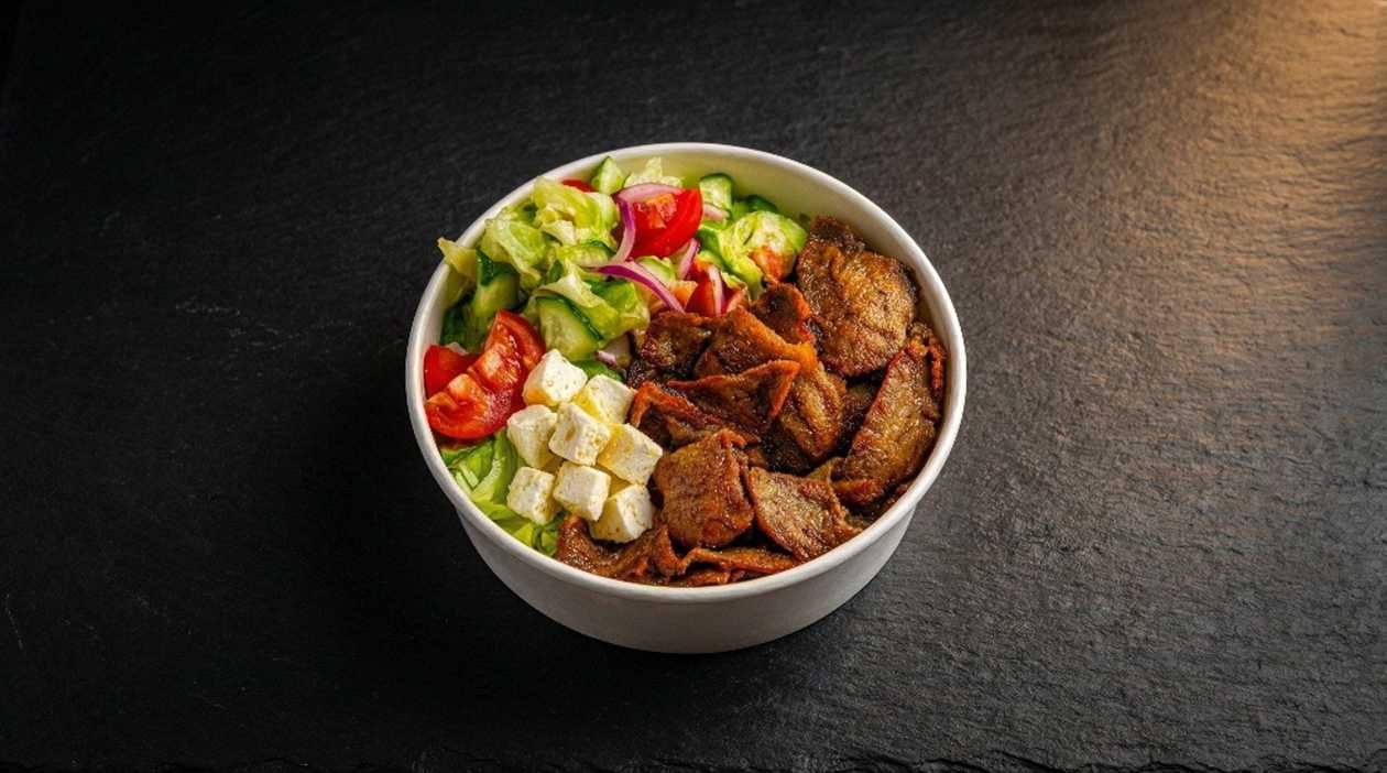 Salad with beef kebab and feta