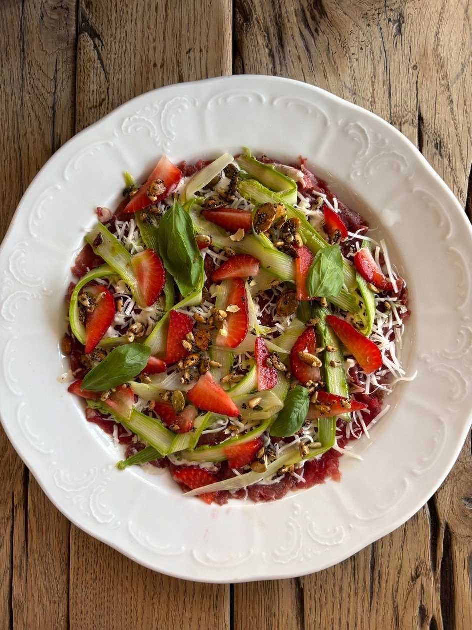 Beef Carpaccio with Strawberries and Asparagus