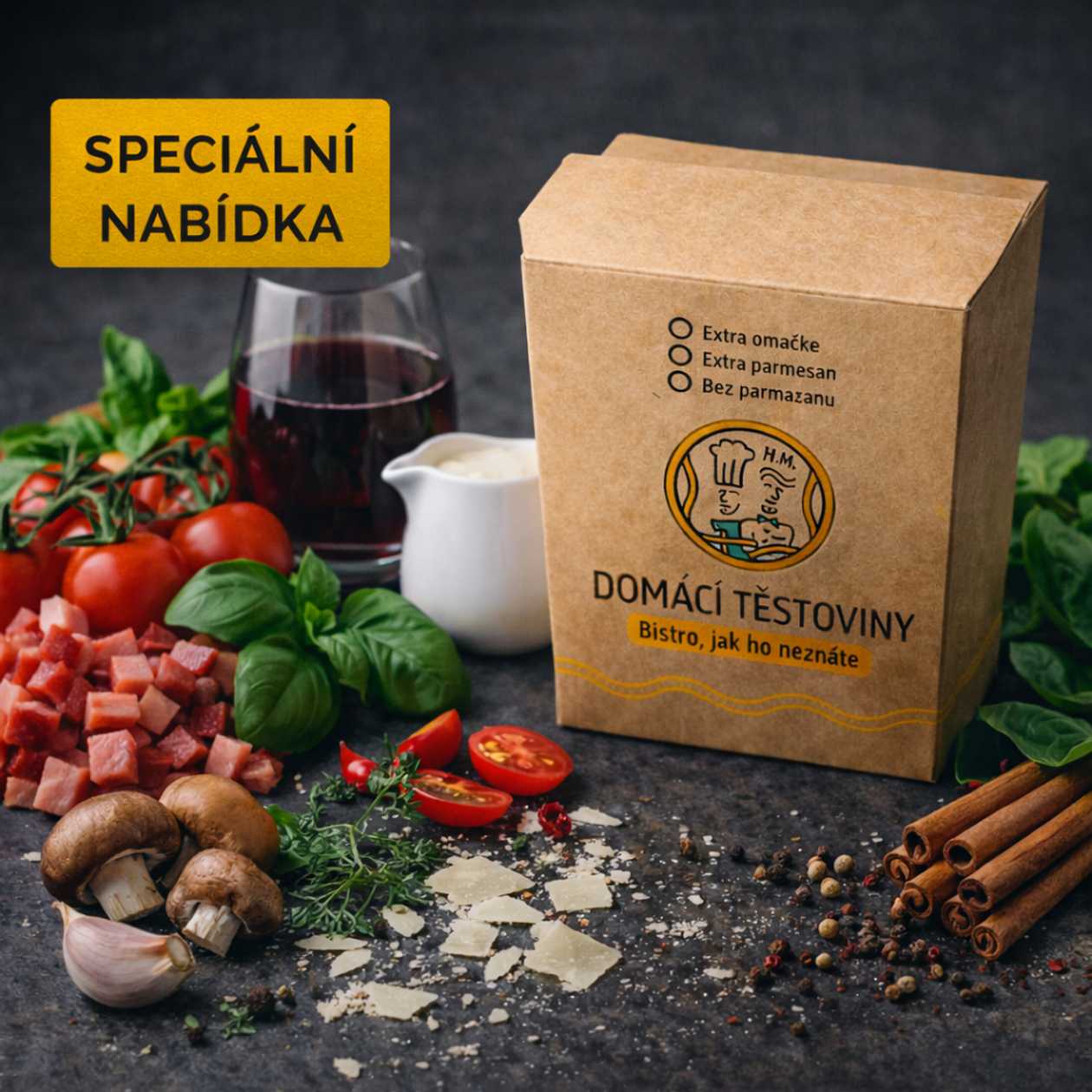 Čerstvé těstoviny s kuřecím masem v tomatové omáčce s černými olivami a sýrem Grana Padano