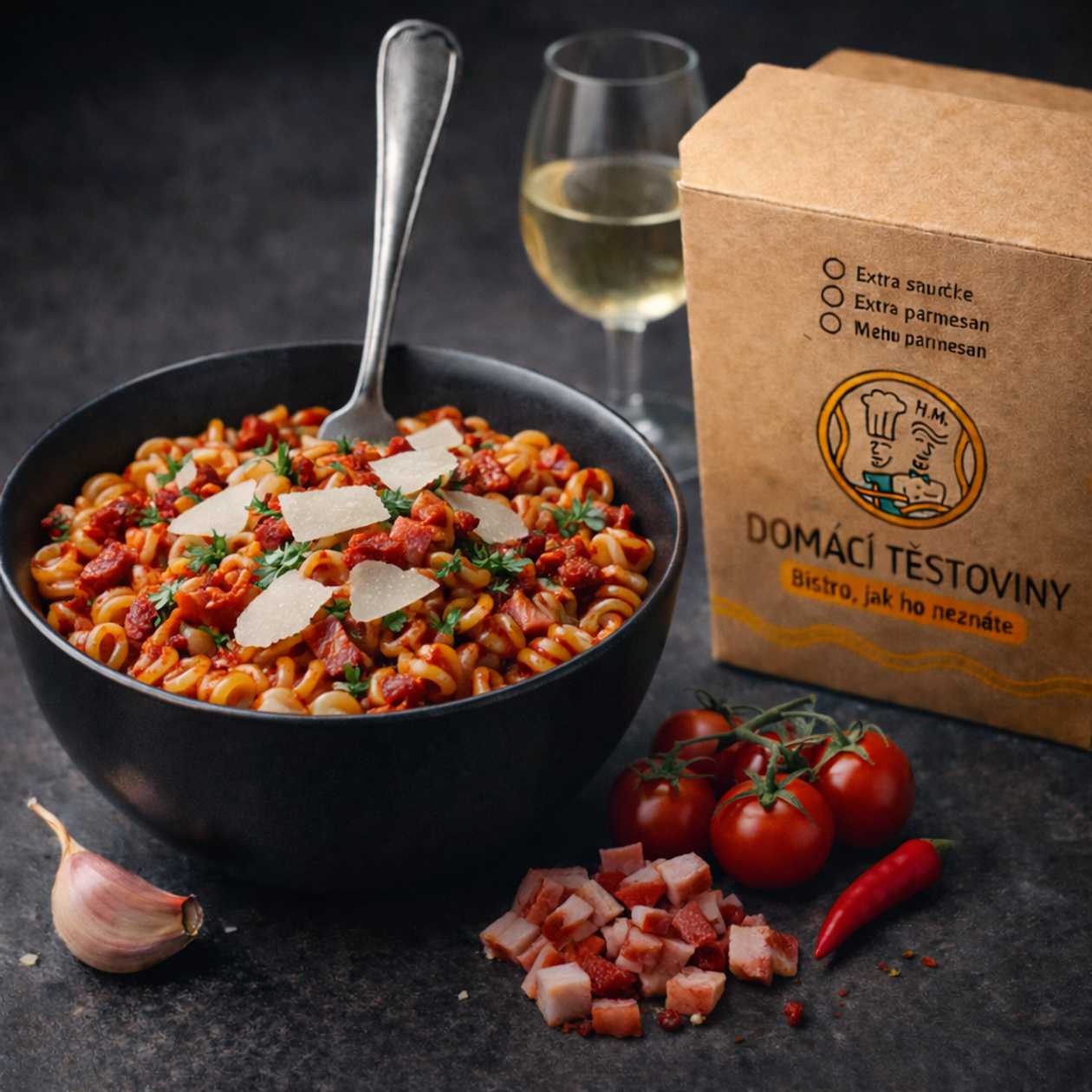 Čerstvé těstoviny Amatriciana z loupaných rajčat, pancetty, vína, česneku a chilli s parmazánem