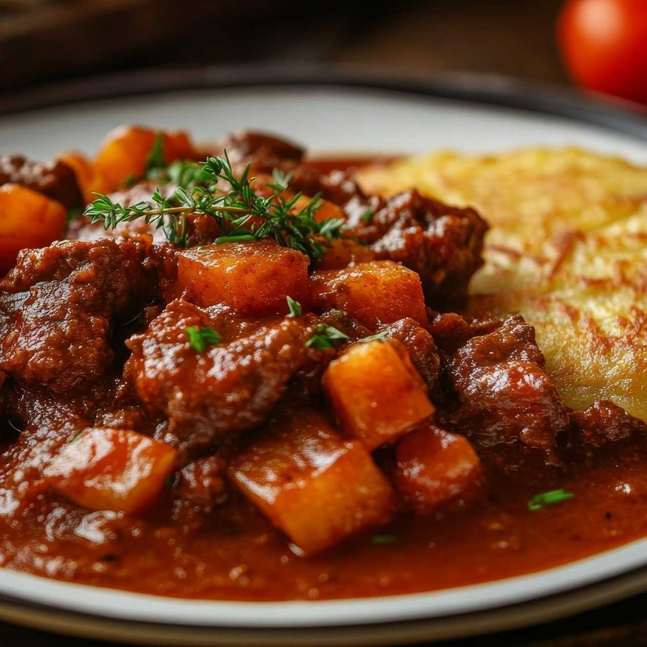 Beef Goulash with Onion, Potato Chips