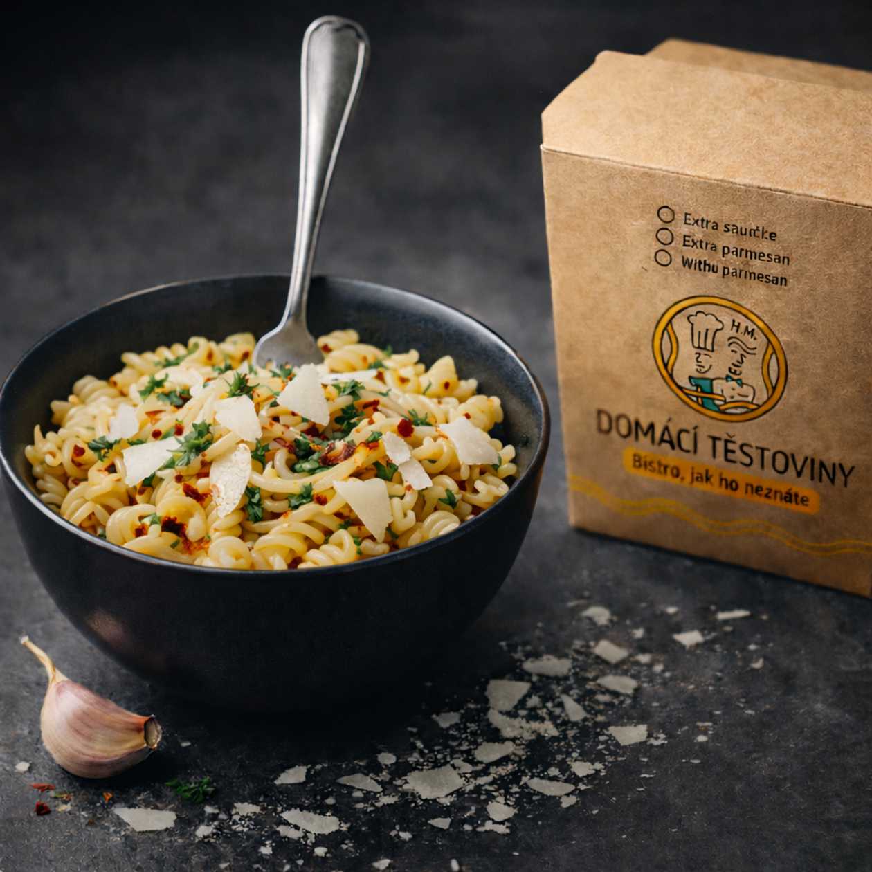 Čerstvé těstoviny aglio olio e peperoncino s parmazánem