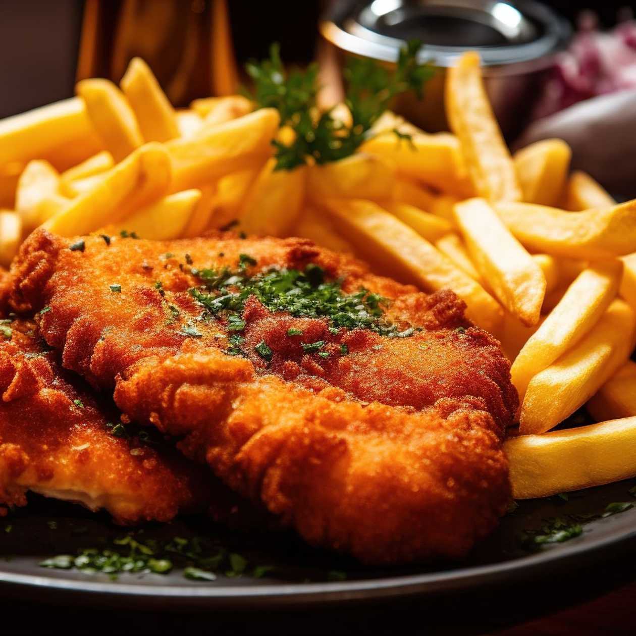 Kozlík's Chicken Schnitzel with Fries, Tartar Sauce or Ketchup