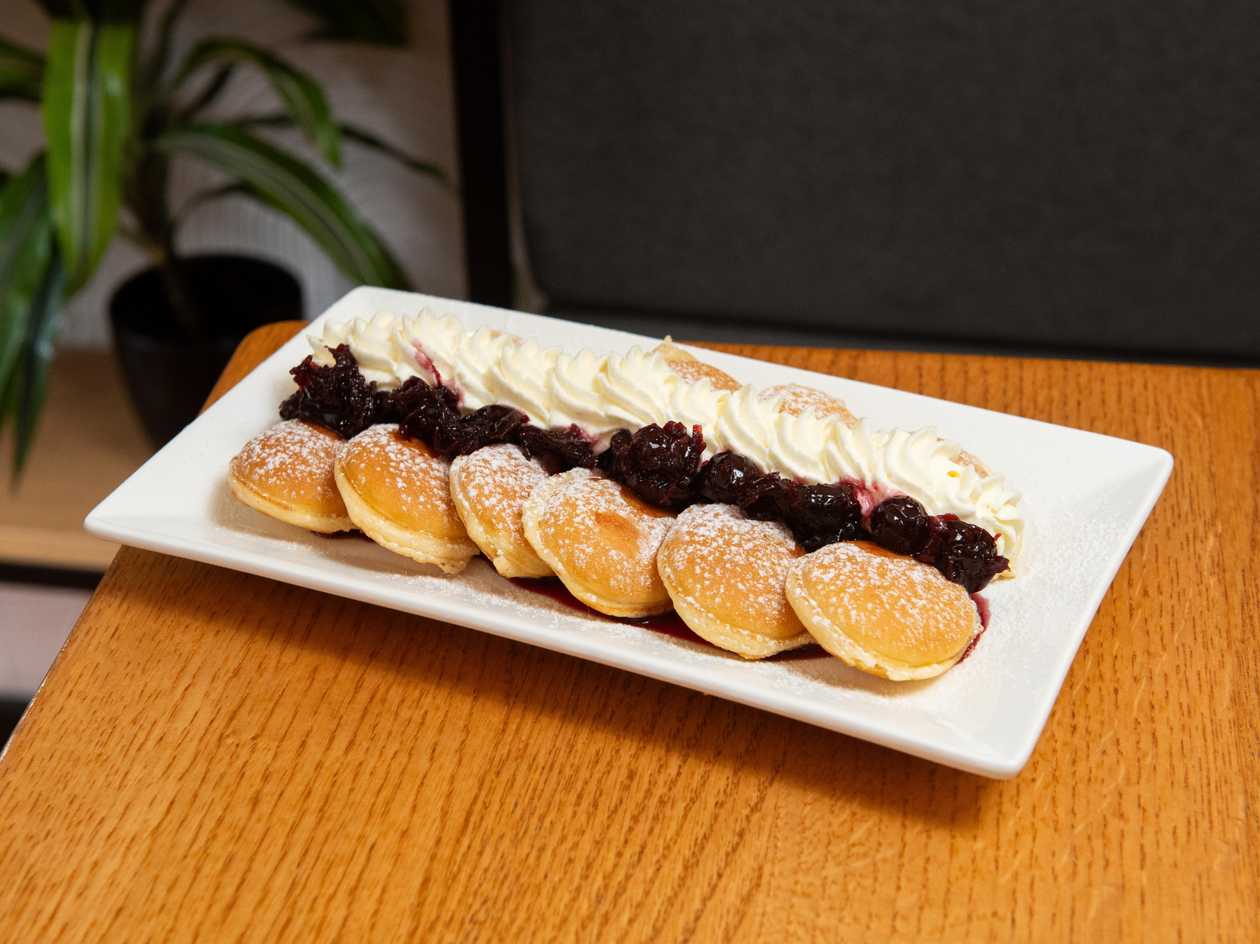 Mini Pancakes with Cherry Jam and Mascarpone