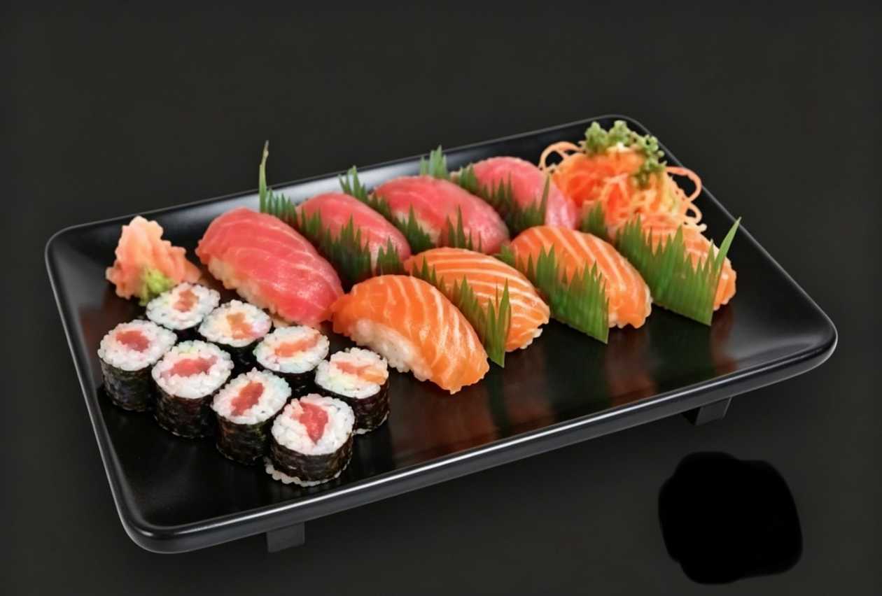 Lososové nigiri + maki Tuňákové nigiri + maki