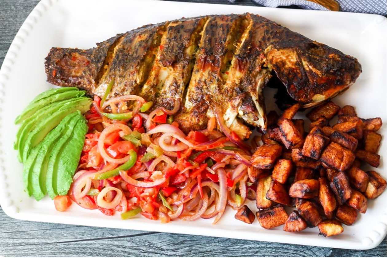 Fried Plantains with Egg Stew and grilled Tilapia (full tilapia)