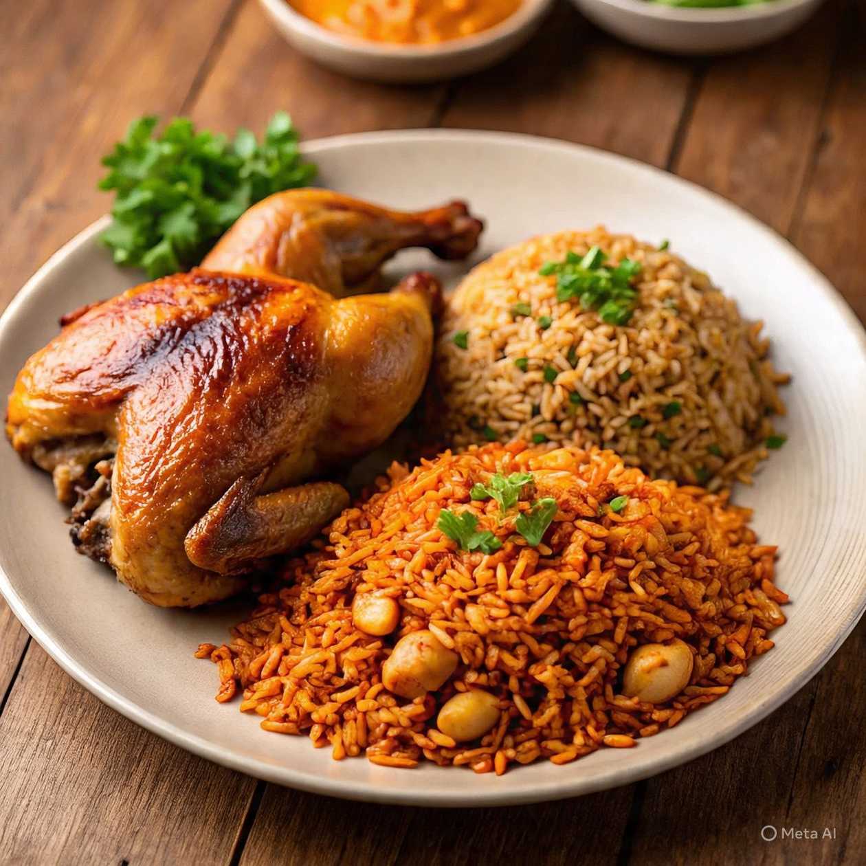 Half Chicken with Fried Rice and Jollof