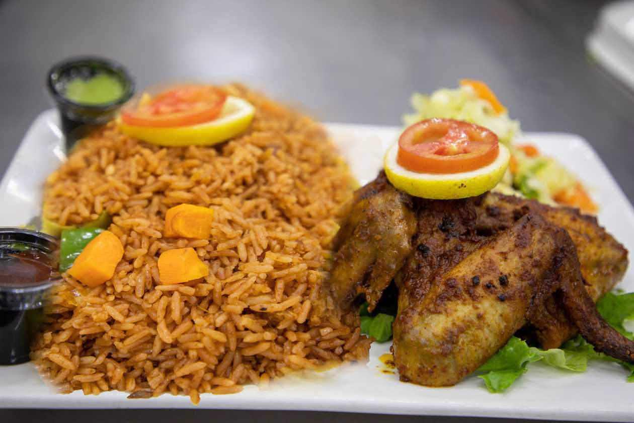 Spicy Grilled Chicken Wings with Jollof Rice