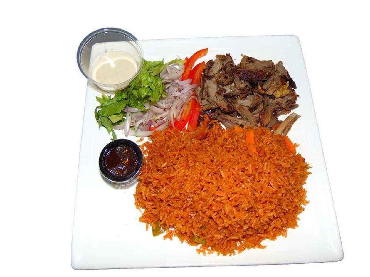 Beef or Chicken Sawarma Plate with Jollof Rice