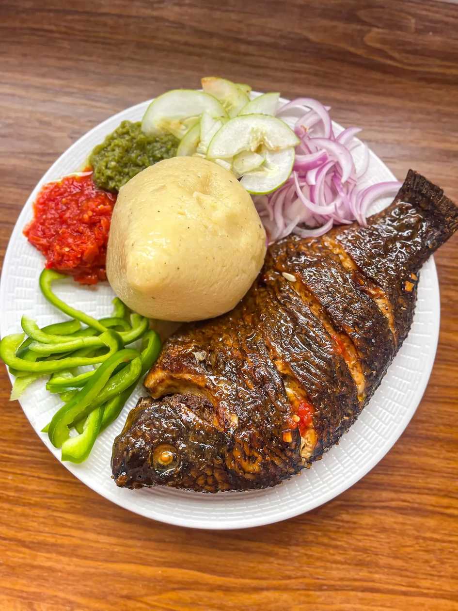 Millet Banku with Grilled Tilapia, Vegetables and Green Pepper