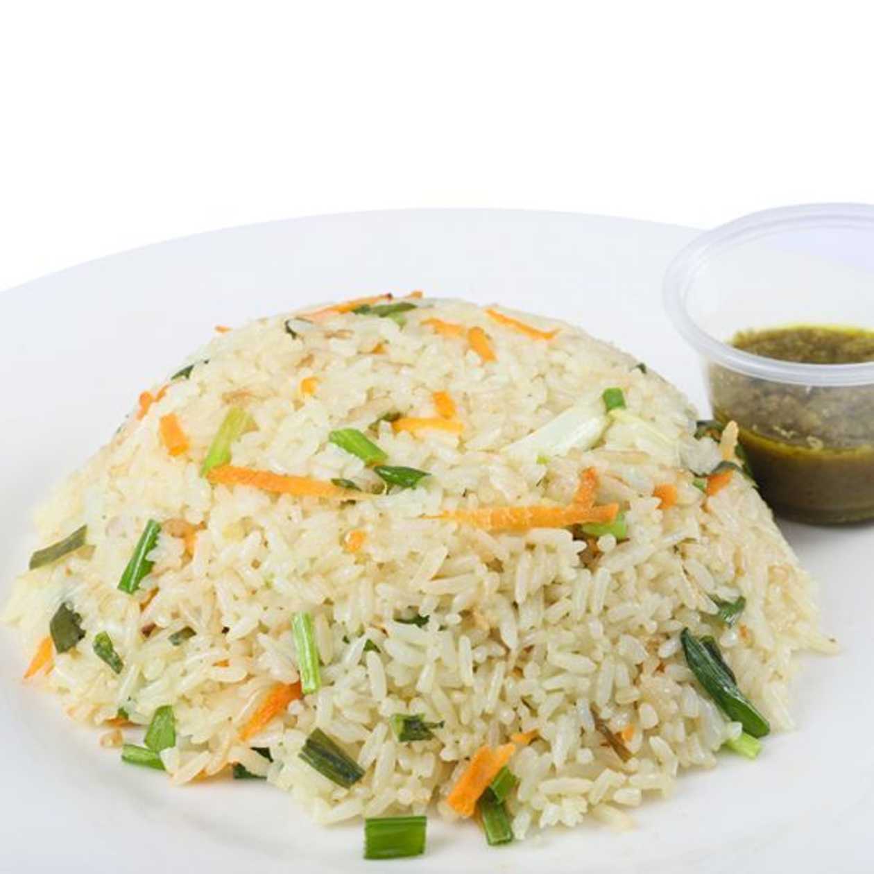 Fried rice and fried chicken served with salad