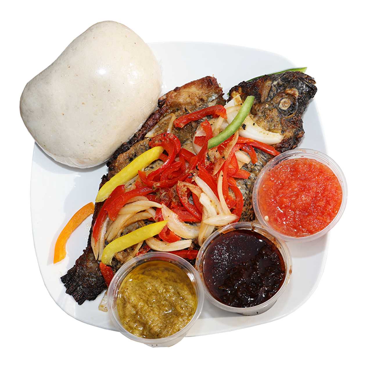 Grilled tilapia and banku served with 2 eggs(full tilapia)