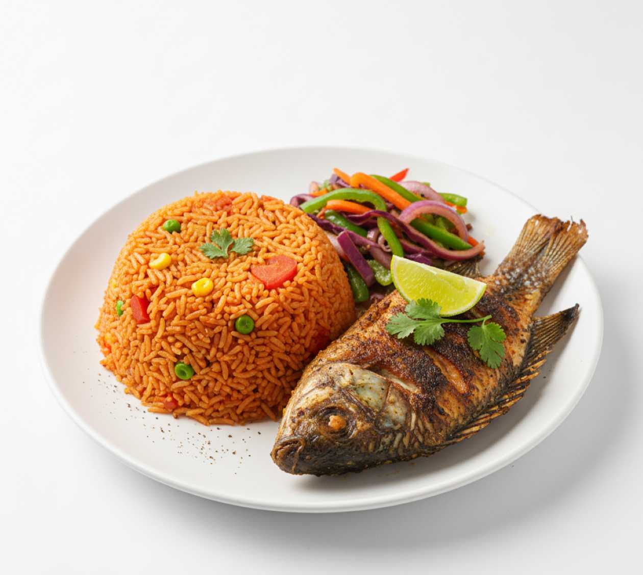 Jollof rice served with grilled tilapia and vegetables