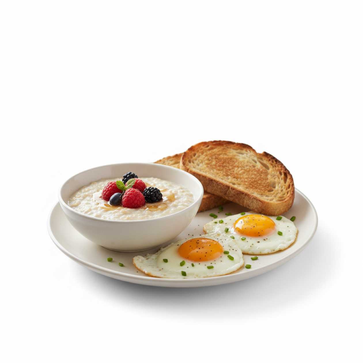 Oat with bread served fried eggs and milk
