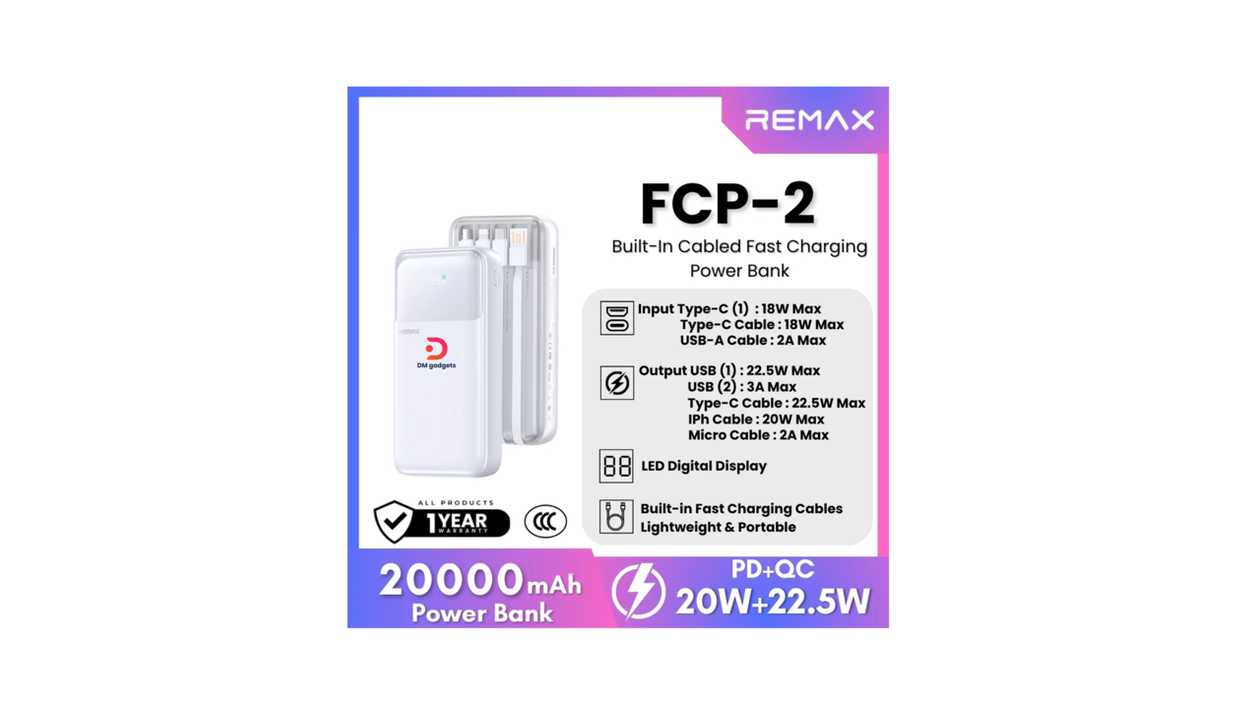 #177J3#Remax®FCP-2 20000mAh Built-In Cable Fast Charging Power Bank (PD20W + QC22.5W) – White