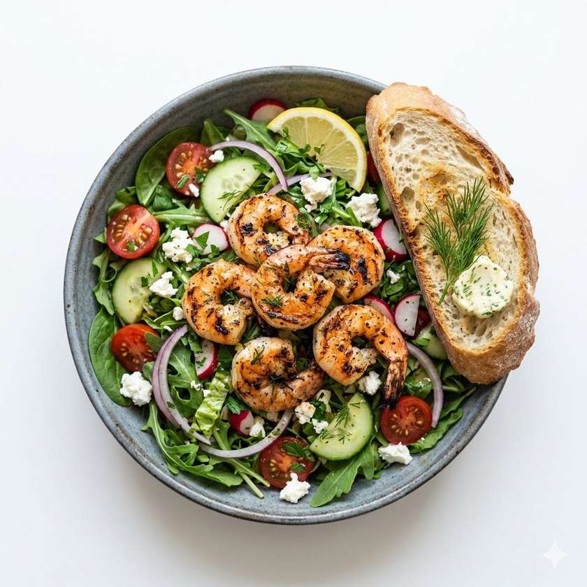 Salad with Grilled Shrimp, Baguette