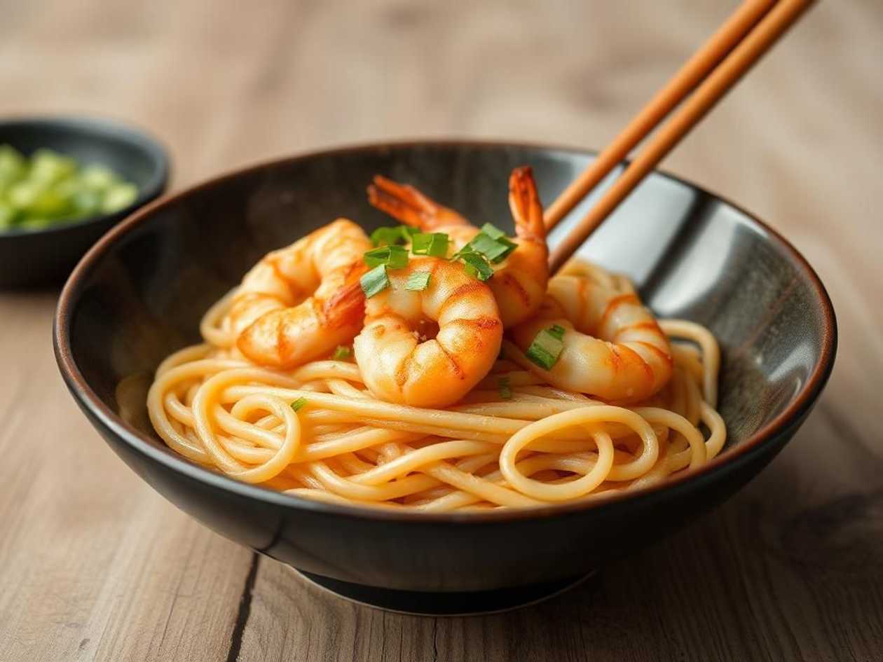 Opekané udon rezance s krevetami