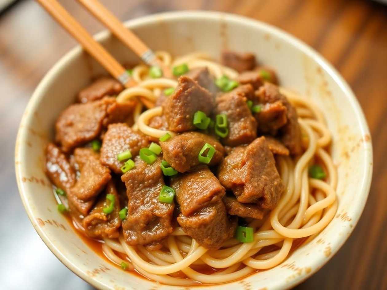 Opekané udon rezance s hovädzím mäsom