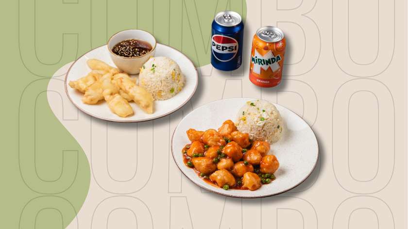 Vištienos vyšnaitės + „Gua Bao" vištiena + 2x keptų ryžių + Pepsi + Mirinda