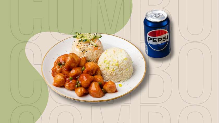 Vištienos vyšnaitės + kepti ryžiai su kiaušiniu ir porais + saldžiarūgštės salotos + Pepsi 0,33 l