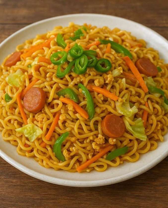Indomie with egg, sausage, sardines, corned beef, vegetables and extra 2 eggs