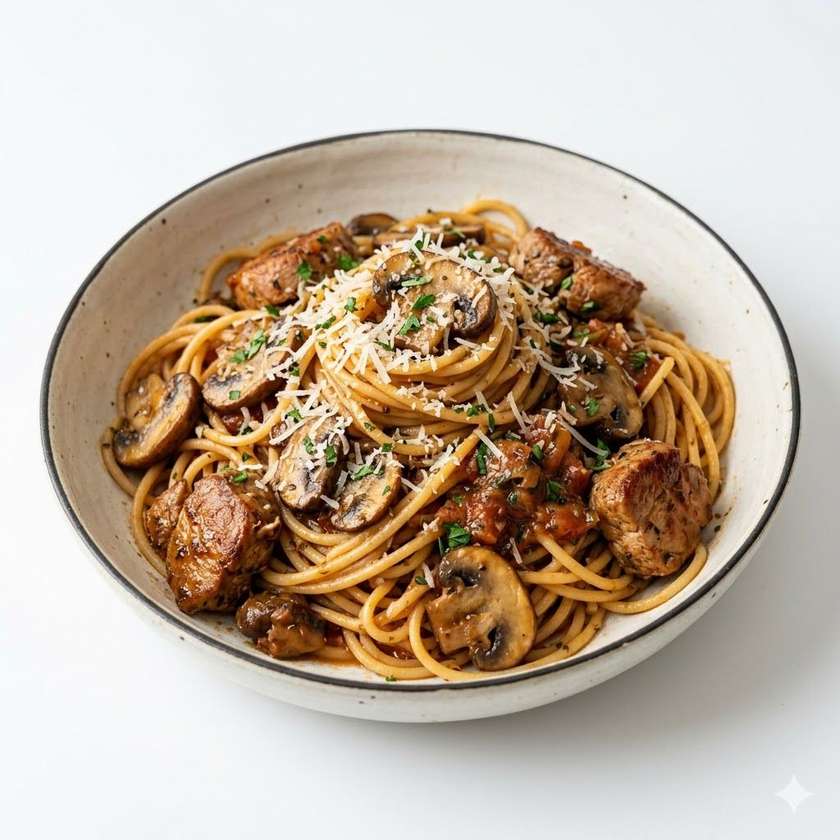 Spaghetti with Mushrooms and Pork Tenderloin with Parmesan